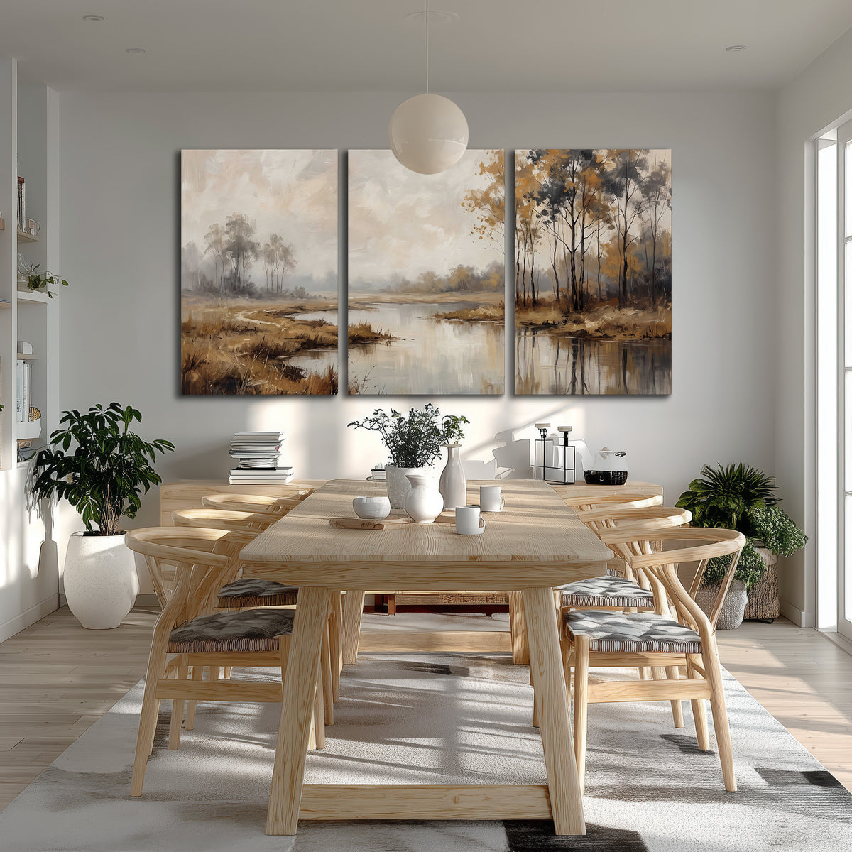 Warm autumn trees beside a quiet reflective river 3 piece canvas wall art room and product view