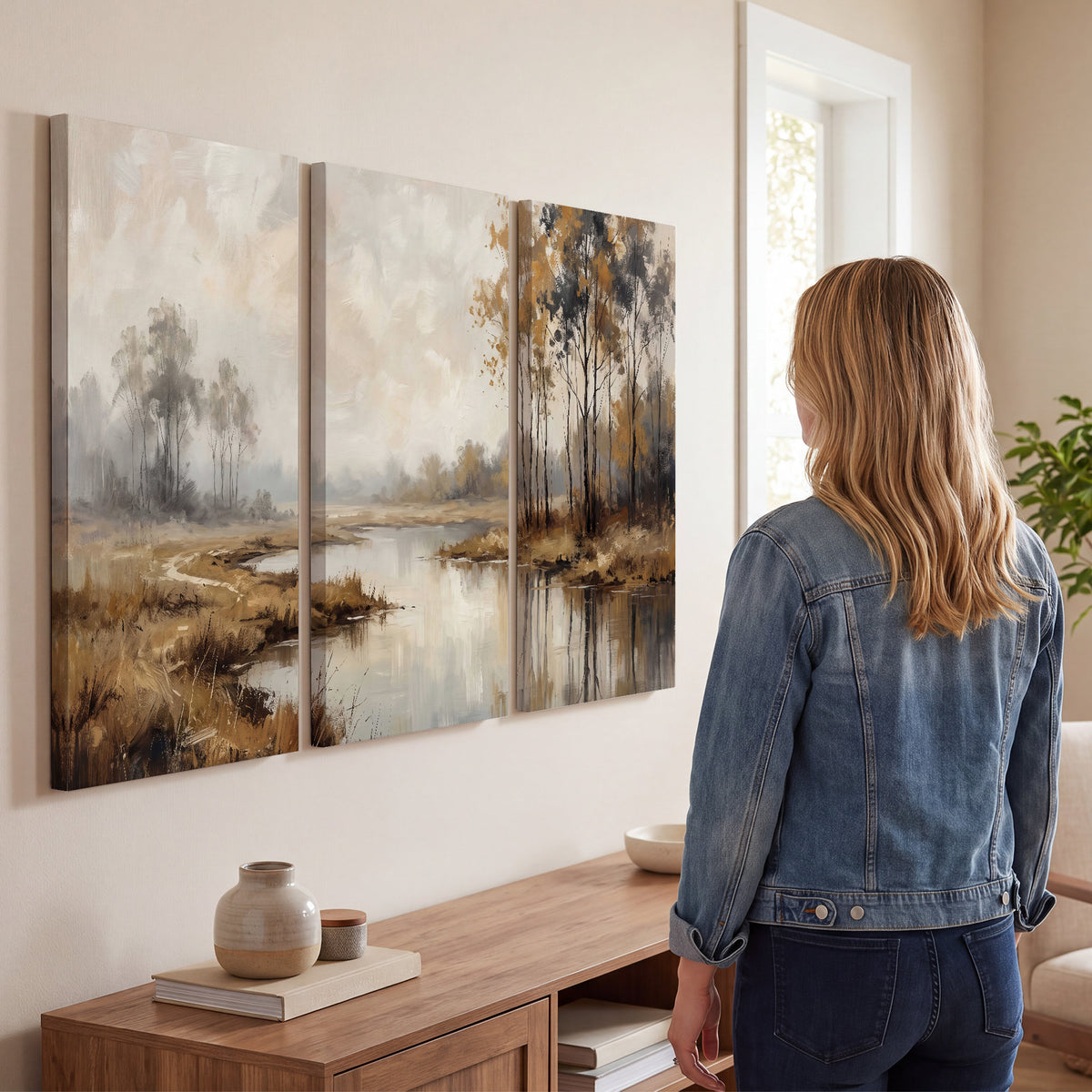 Warm autumn trees beside a quiet reflective river 3 piece canvas wall art three panel arrangement on a wall