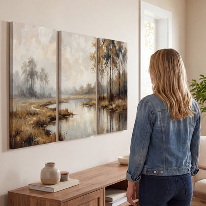 Warm autumn trees beside a quiet reflective river 3 piece canvas wall art three panel arrangement on a wall