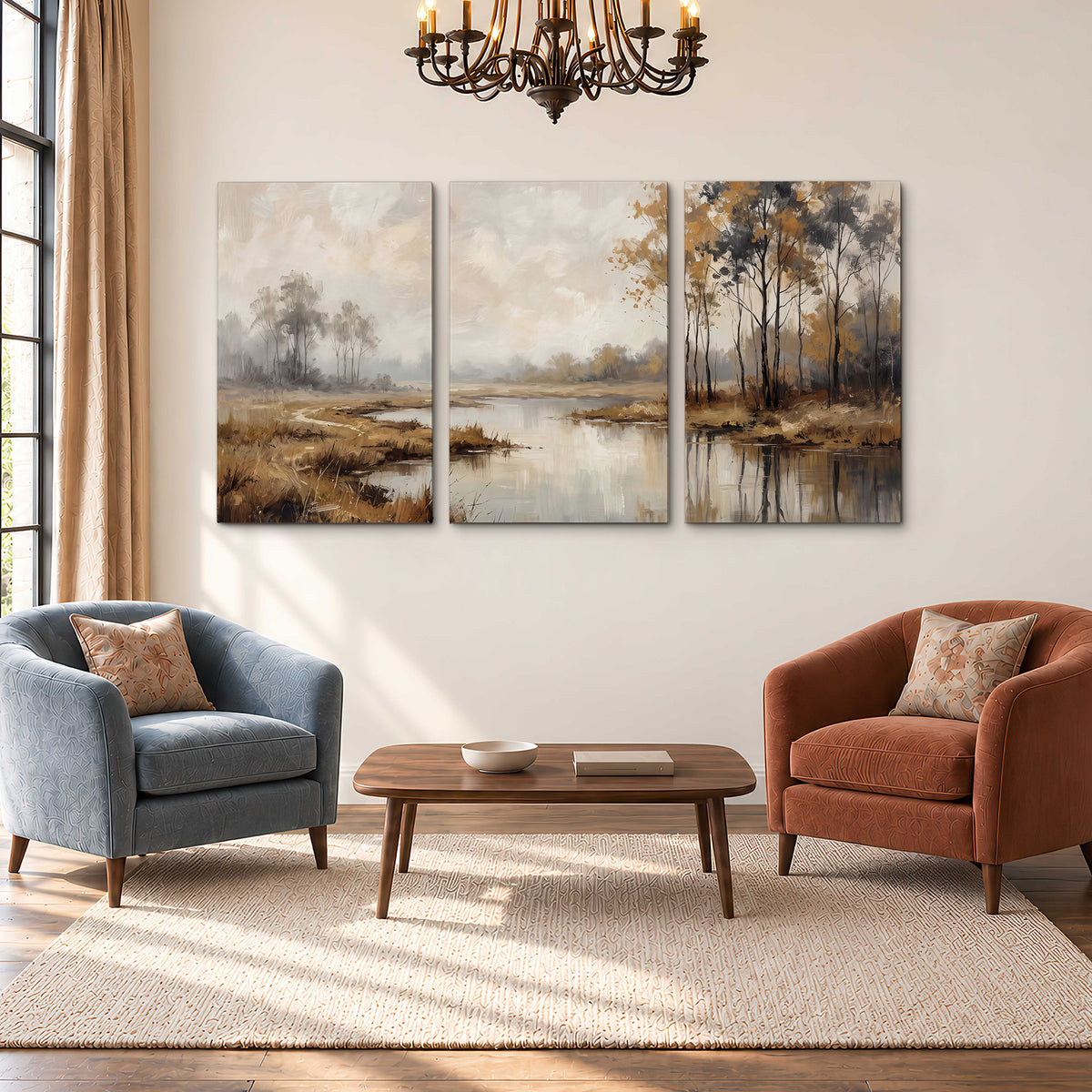 Warm autumn trees beside a quiet reflective river 3 piece canvas wall art styled in an interior