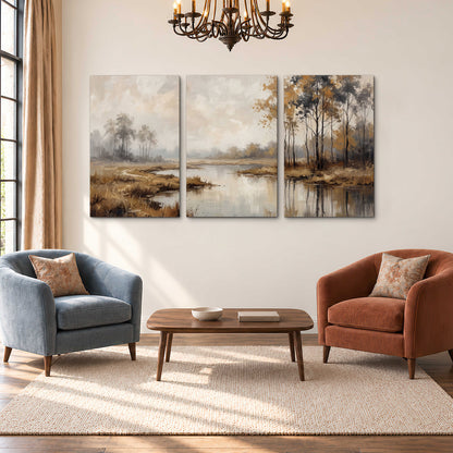 Warm autumn trees beside a quiet reflective river 3 piece canvas wall art styled in an interior