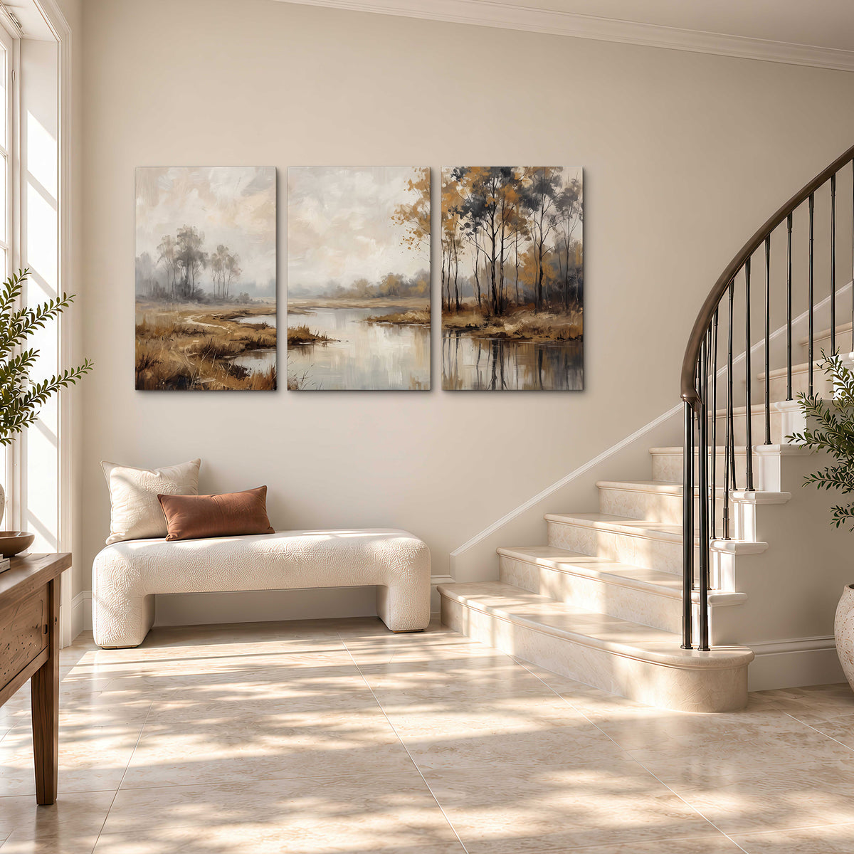 Warm autumn trees beside a quiet reflective river 3 piece canvas wall art styled in an interior