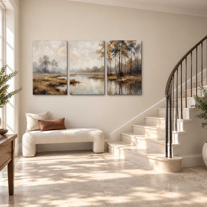 Warm autumn trees beside a quiet reflective river 3 piece canvas wall art styled in an interior
