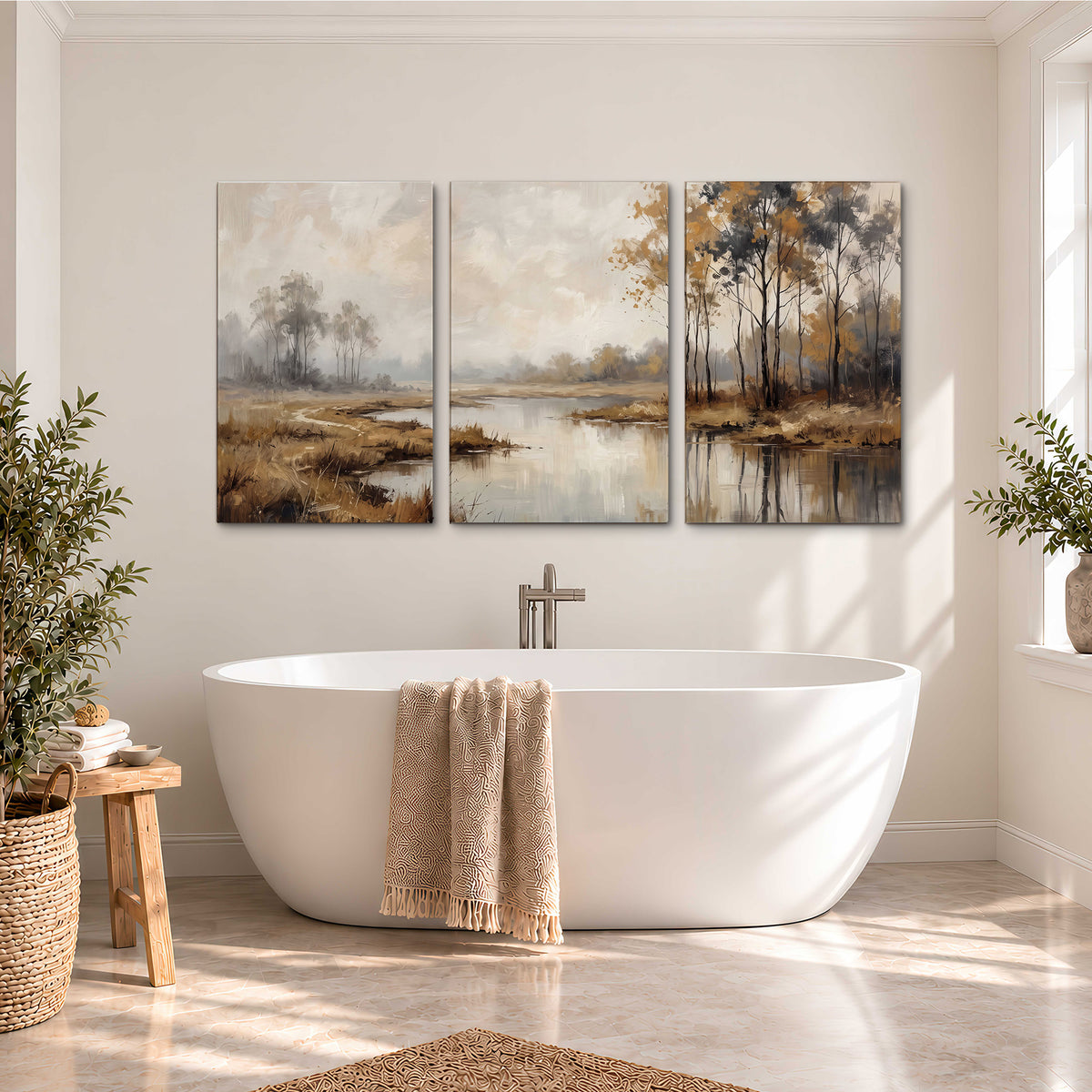 Warm autumn trees beside a quiet reflective river 3 piece canvas wall art styled in an interior