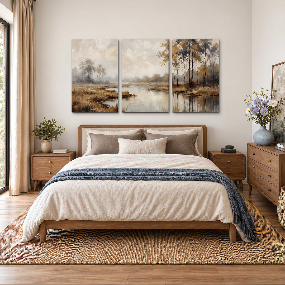 Warm autumn trees beside a quiet reflective river 3 piece canvas wall art styled in an interior