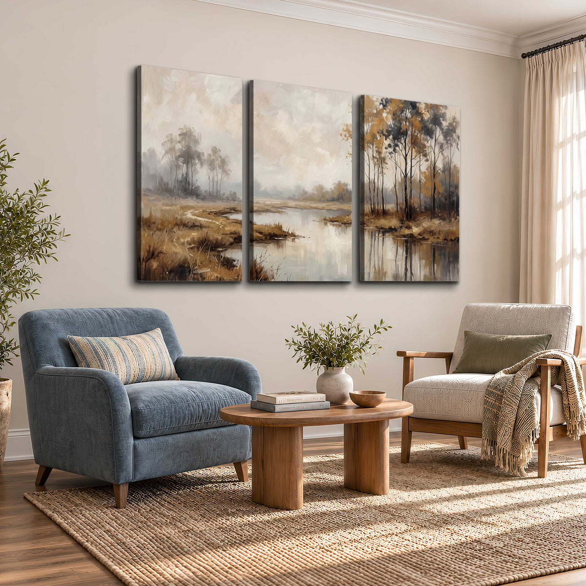 Warm autumn trees beside a quiet reflective river 3 piece canvas wall art styled in an interior