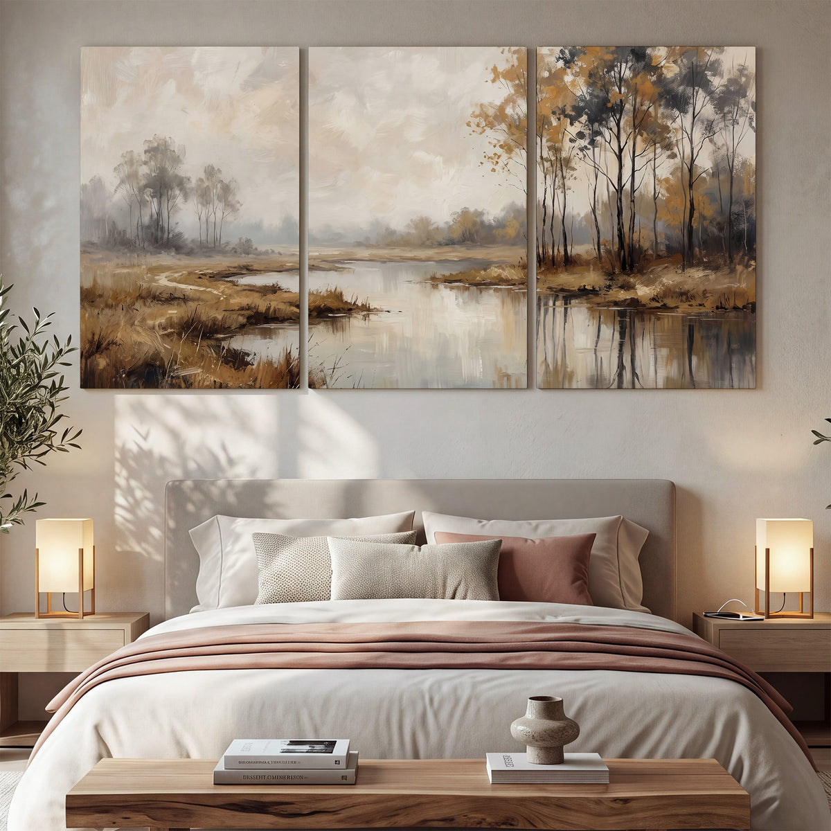 Warm autumn trees beside a quiet reflective river 3 piece canvas wall art displayed in a bedroom