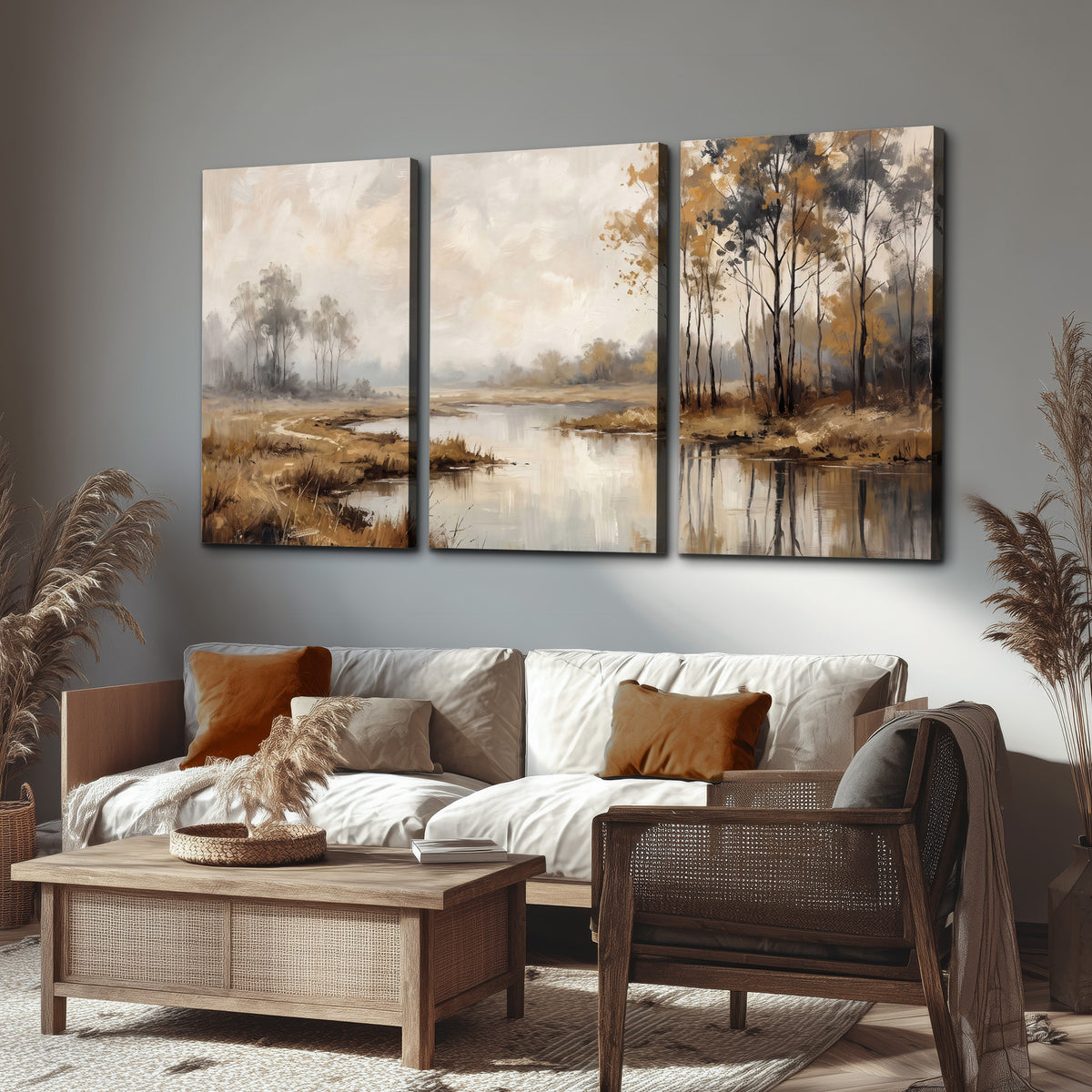 Warm autumn trees beside a quiet reflective river 3 piece canvas wall art displayed in a rustic living room