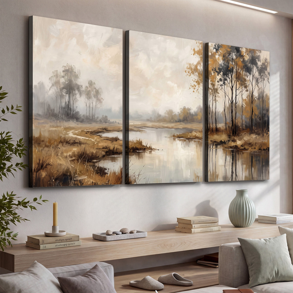 Warm autumn trees beside a quiet reflective river 3 piece canvas wall art displayed in a console