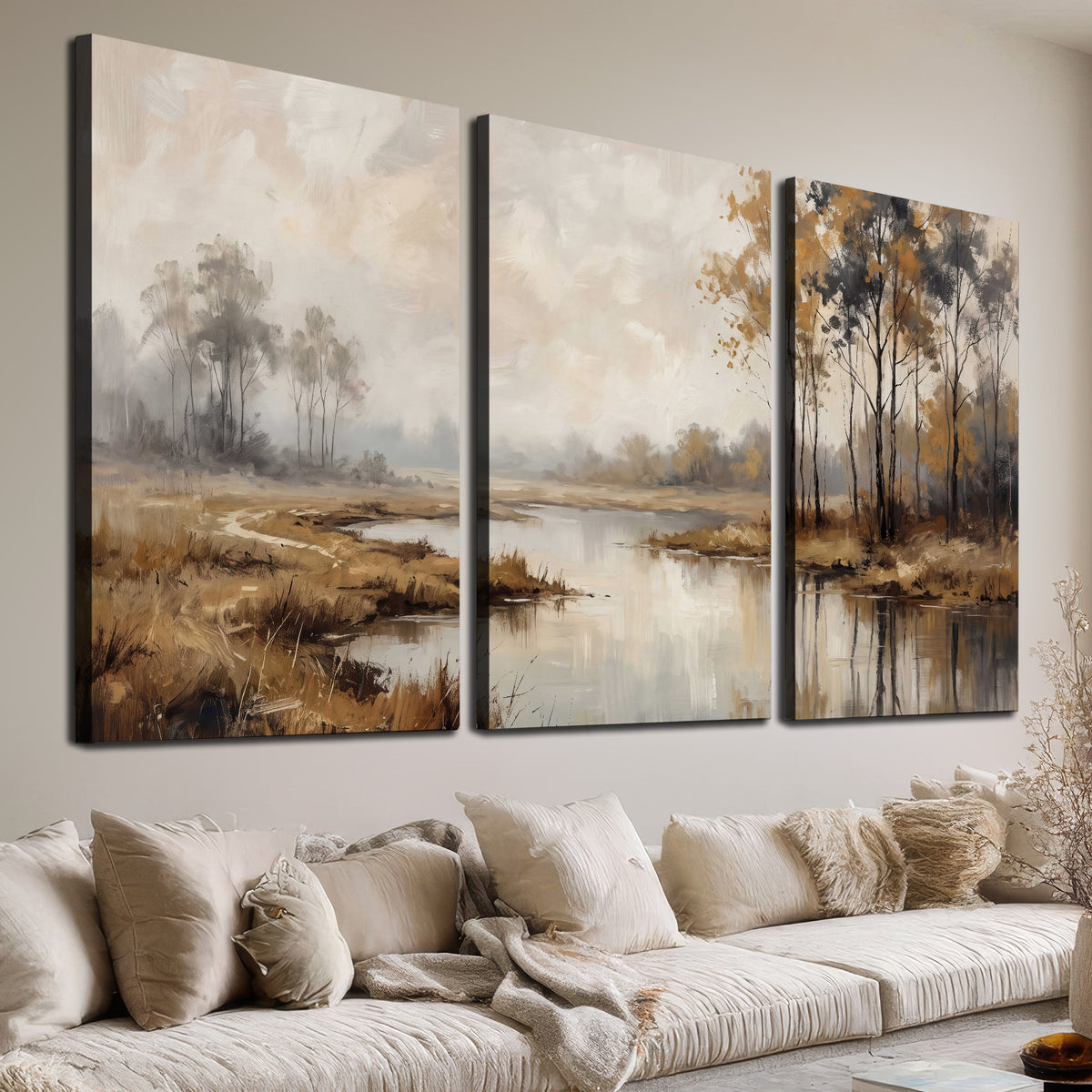 Warm autumn trees beside a quiet reflective river 3 piece canvas wall art room and product view