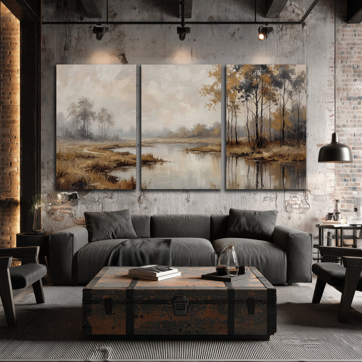 Warm autumn trees beside a quiet reflective river 3 piece canvas wall art displayed in a industrial room