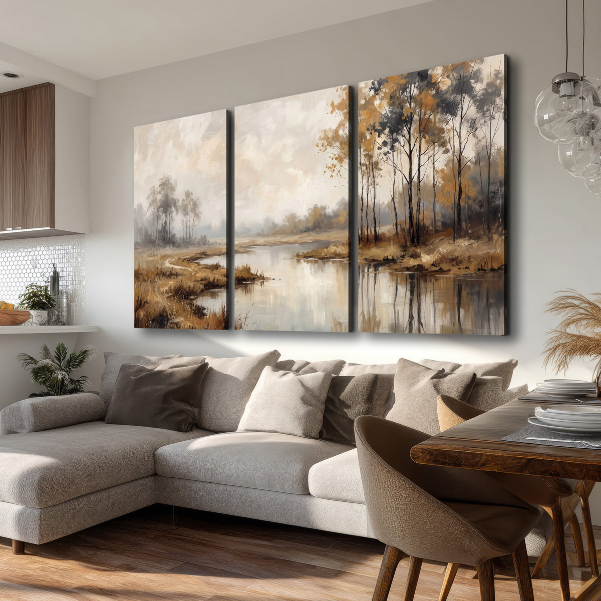 Warm autumn trees beside a quiet reflective river 3 piece canvas wall art room and product view