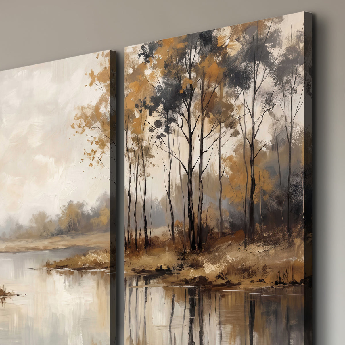 Warm autumn trees beside a quiet reflective river 3 piece canvas wall art room and product view