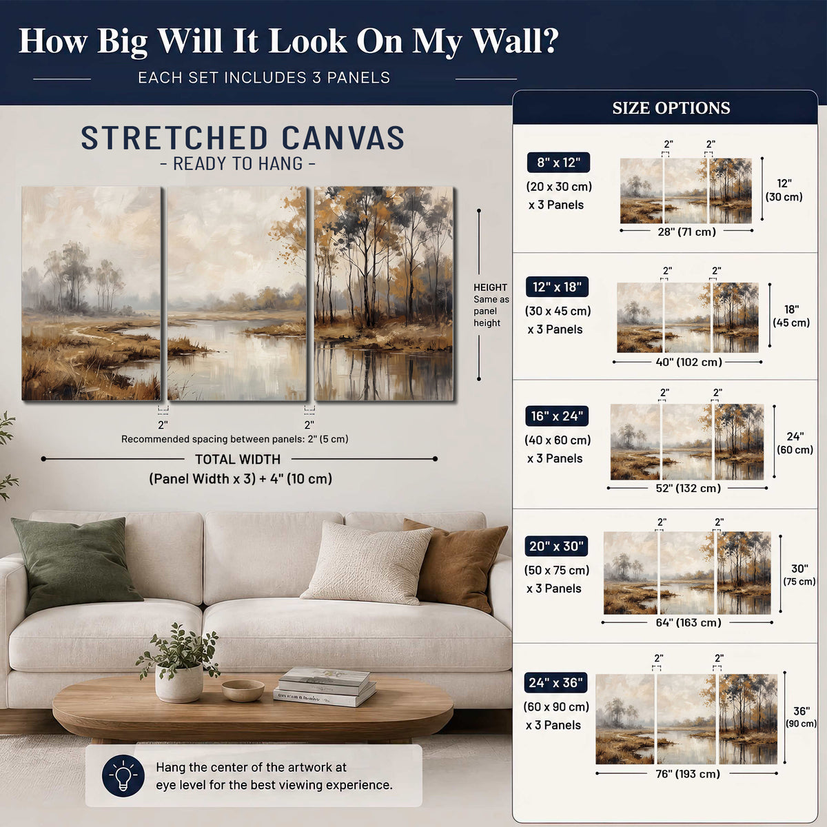 Warm autumn trees beside a quiet reflective river 3 piece canvas wall art size guide above a sofa; room view is illustrative