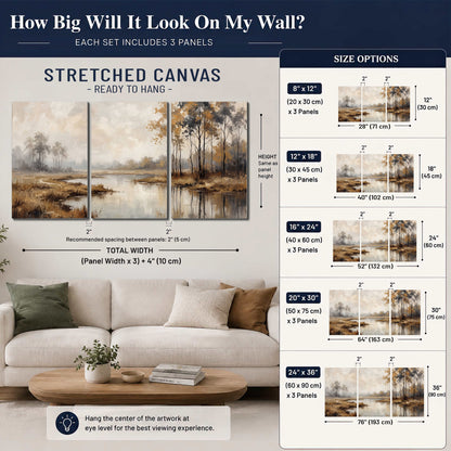 Warm autumn trees beside a quiet reflective river 3 piece canvas wall art size guide above a sofa; room view is illustrative