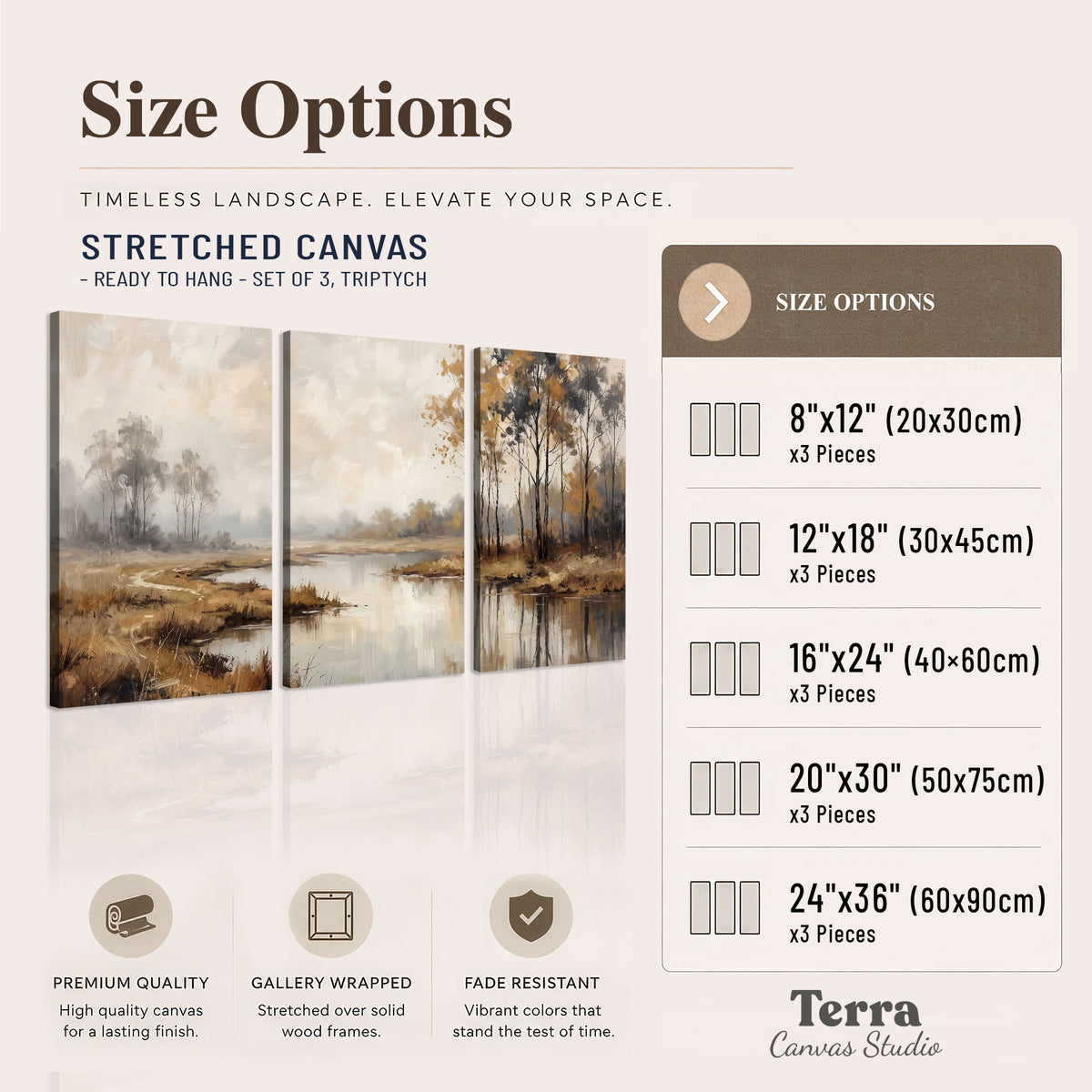 Warm autumn trees beside a quiet reflective river 3 piece canvas wall art available dimensions; triptych dimensions are per panel