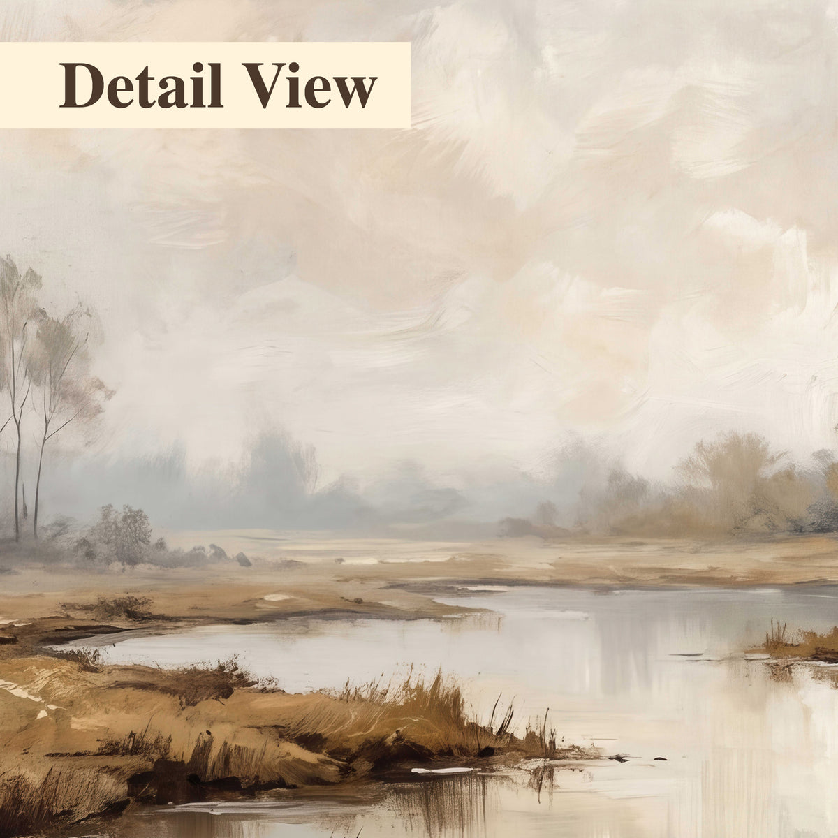 Warm autumn trees beside a quiet reflective river 3 piece canvas wall art artwork detail close up