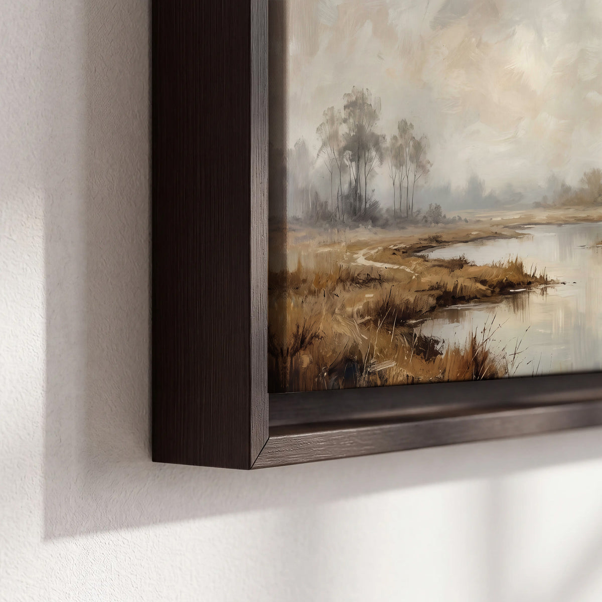 Warm autumn trees beside a quiet reflective river 3 piece framed canvas wall art material and edge close up