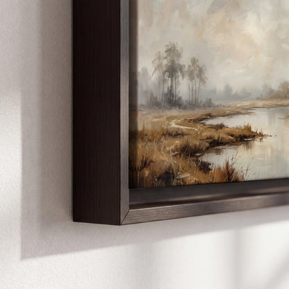 Warm autumn trees beside a quiet reflective river 3 piece framed canvas wall art material and edge close up