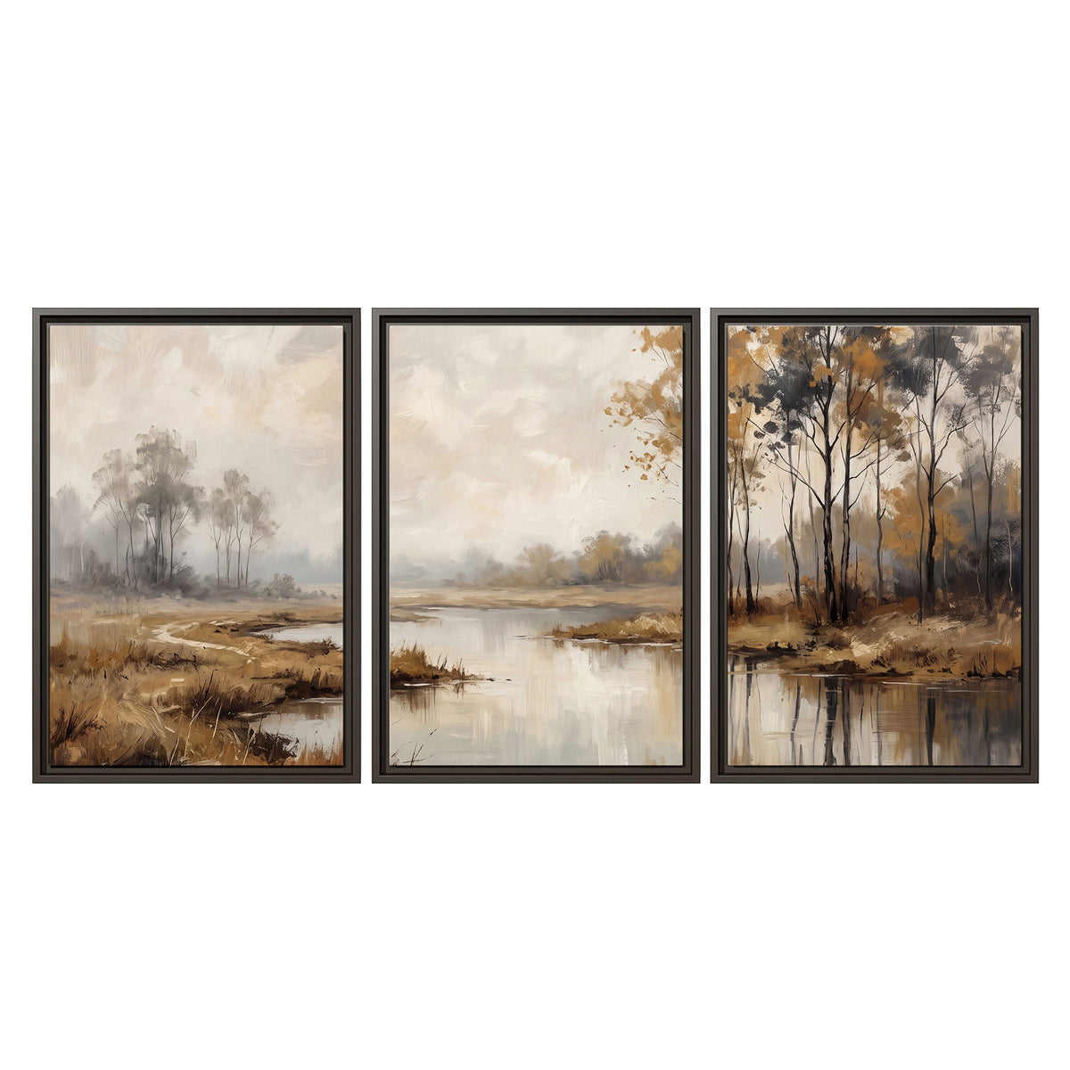 Warm autumn trees beside a quiet reflective river 3 piece framed canvas wall art viewed straight on