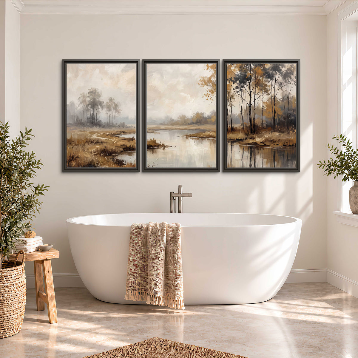 Warm autumn trees beside a quiet reflective river 3 piece framed canvas wall art styled in an interior