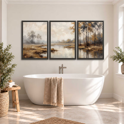 Warm autumn trees beside a quiet reflective river 3 piece framed canvas wall art styled in an interior