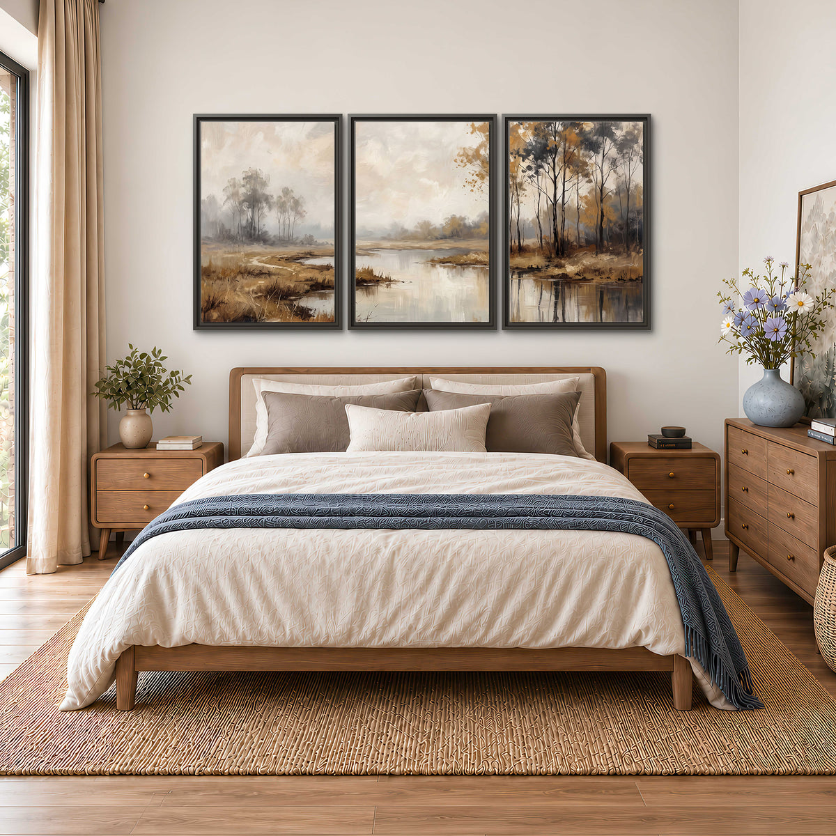 Warm autumn trees beside a quiet reflective river 3 piece framed canvas wall art styled in an interior