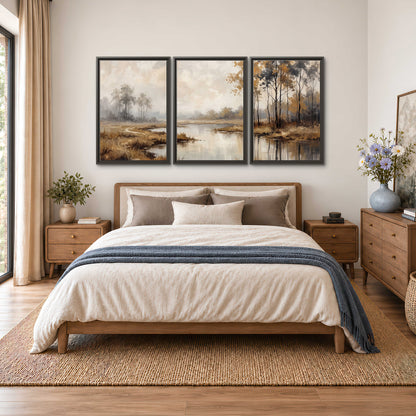 Warm autumn trees beside a quiet reflective river 3 piece framed canvas wall art styled in an interior