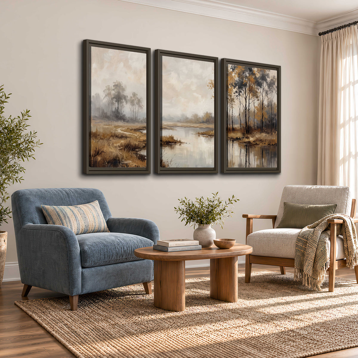 Warm autumn trees beside a quiet reflective river 3 piece framed canvas wall art styled in an interior