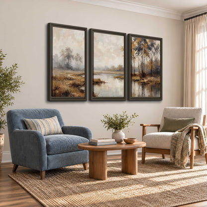 Warm autumn trees beside a quiet reflective river 3 piece framed canvas wall art styled in an interior