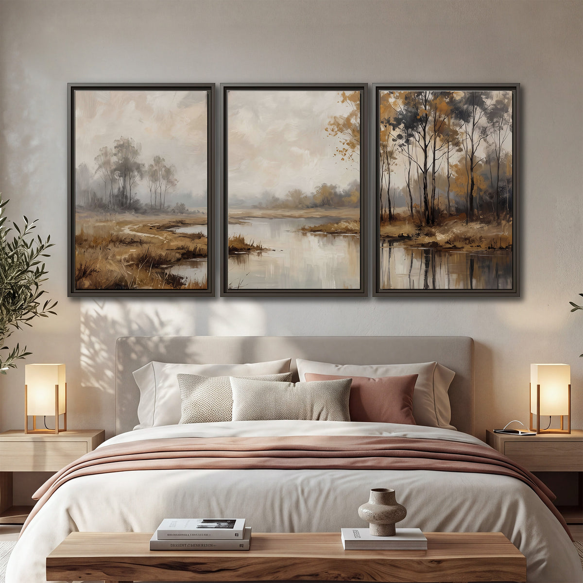Warm autumn trees beside a quiet reflective river 3 piece framed canvas wall art displayed in a bedroom