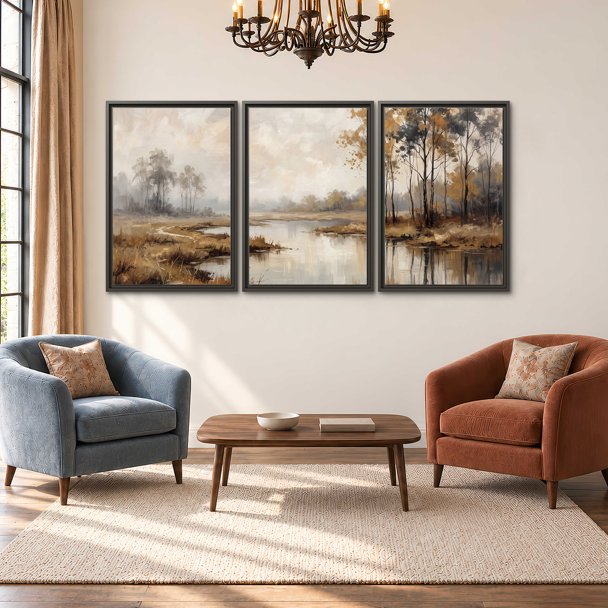 Warm autumn trees beside a quiet reflective river 3 piece framed canvas wall art styled in an interior