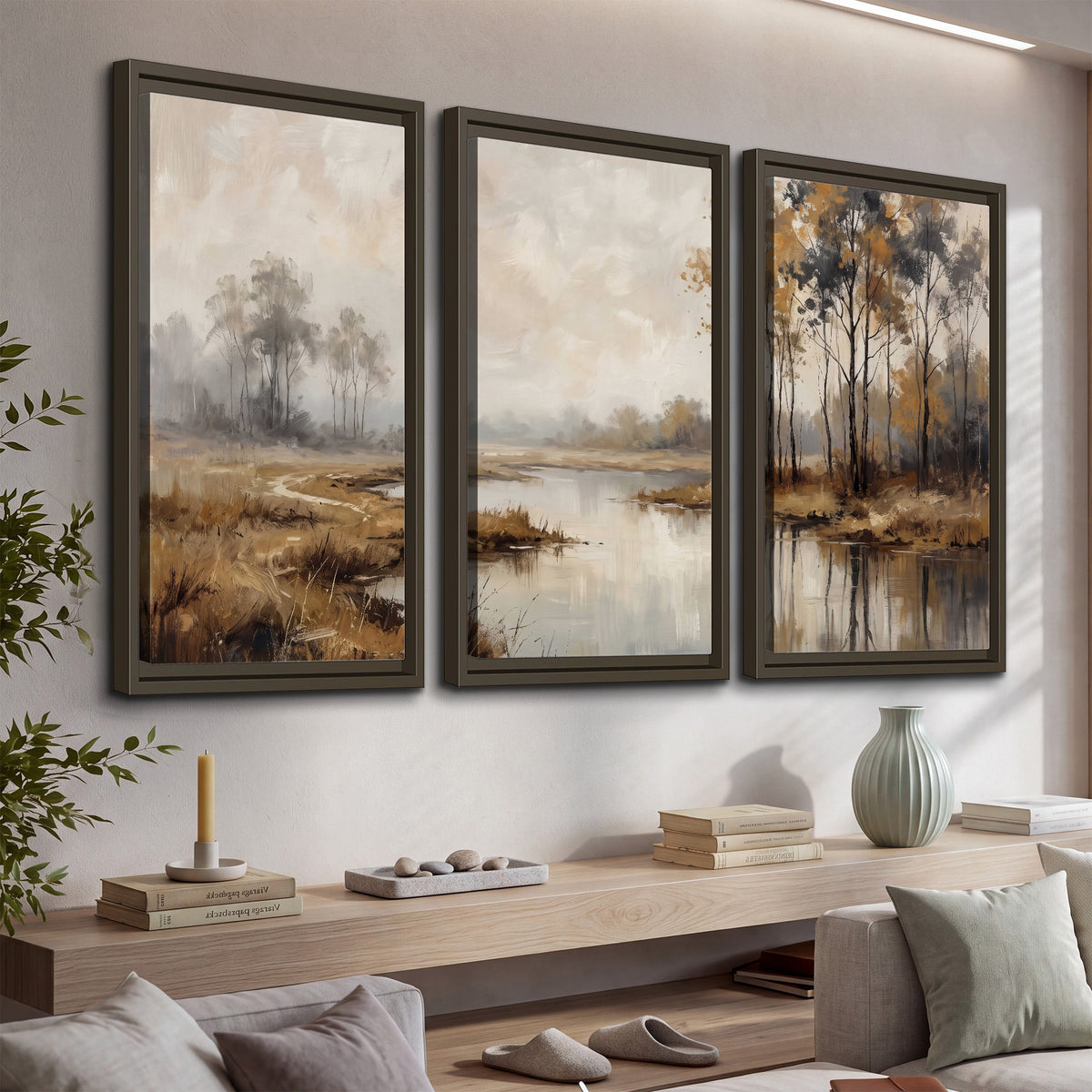 Warm autumn trees beside a quiet reflective river 3 piece framed canvas wall art displayed in a console