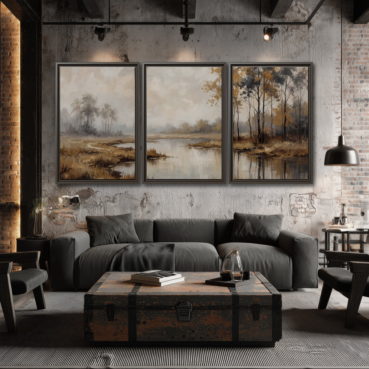 Warm autumn trees beside a quiet reflective river 3 piece framed canvas wall art displayed in a industrial room