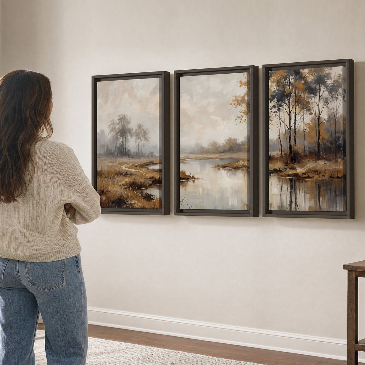 Warm autumn trees beside a quiet reflective river 3 piece framed canvas wall art three panel arrangement on a wall