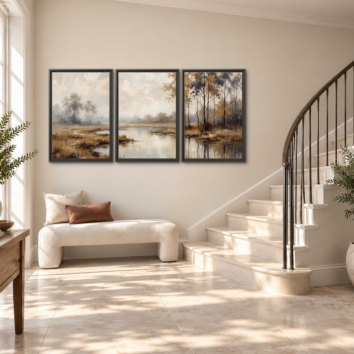 Warm autumn trees beside a quiet reflective river 3 piece framed canvas wall art styled in an interior