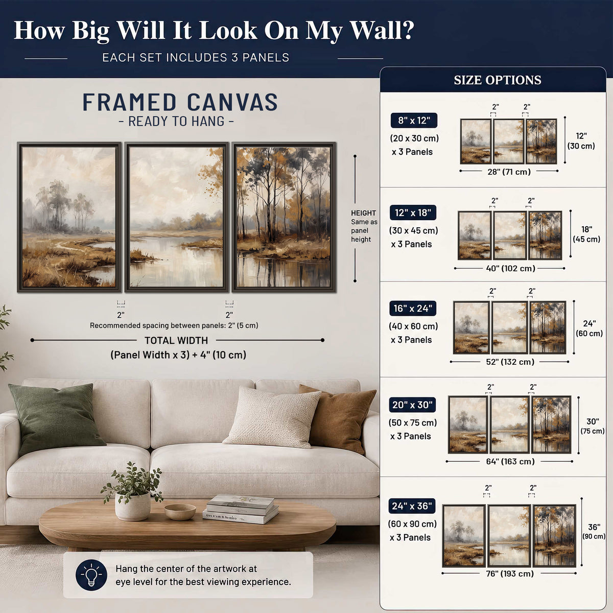 Warm autumn trees beside a quiet reflective river 3 piece framed canvas wall art size guide above a sofa; room view is illustrative