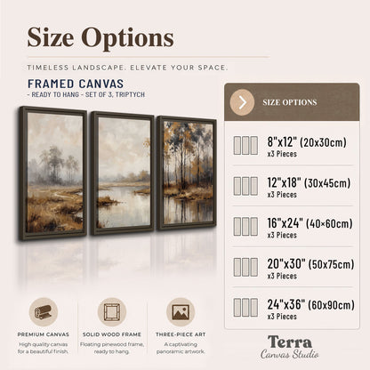 Warm autumn trees beside a quiet reflective river 3 piece framed canvas wall art available dimensions; triptych dimensions are per panel