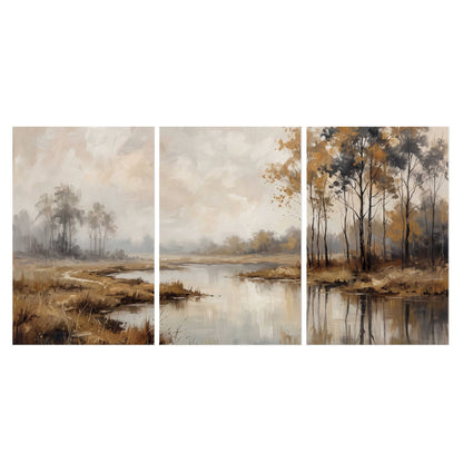 Warm autumn trees beside a quiet reflective river set of 3 poster prints viewed straight on
