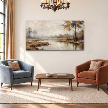 Warm autumn trees beside a quiet reflective river single canvas wall art styled in an interior