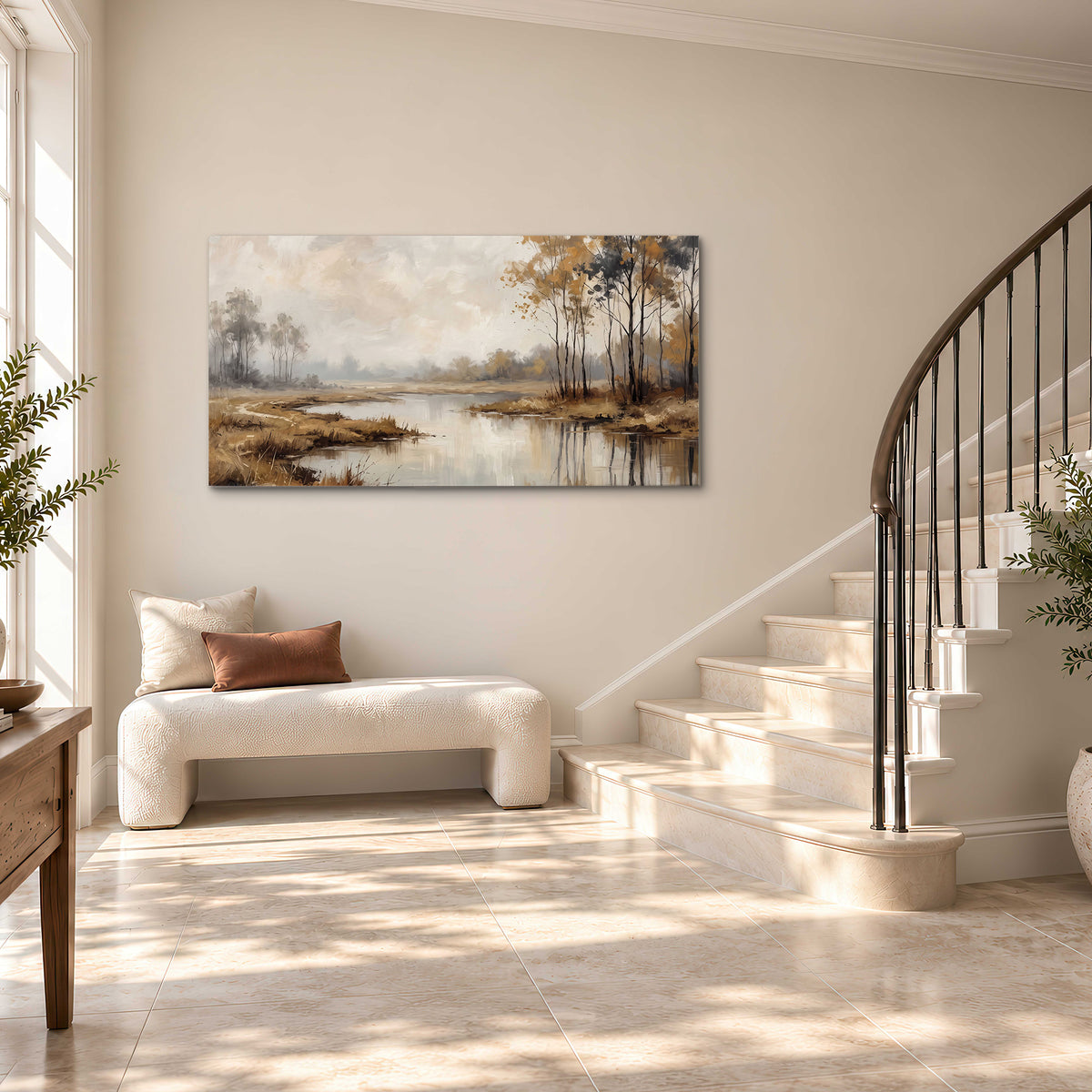 Warm autumn trees beside a quiet reflective river single canvas wall art styled in an interior