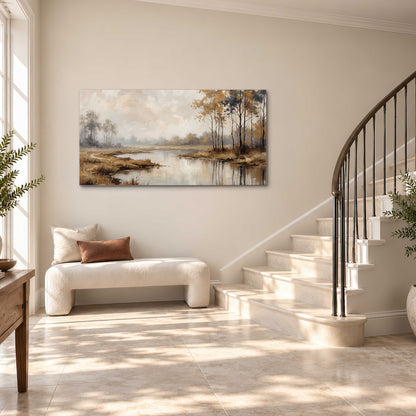 Warm autumn trees beside a quiet reflective river single canvas wall art styled in an interior