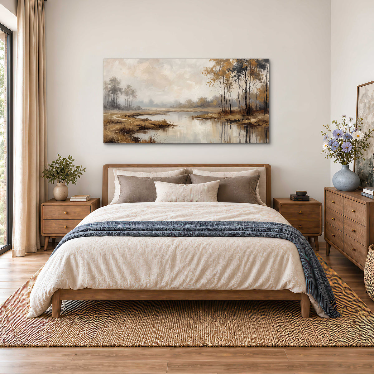 Warm autumn trees beside a quiet reflective river single canvas wall art styled in an interior
