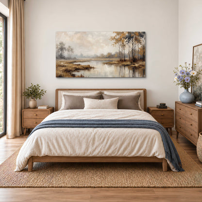 Warm autumn trees beside a quiet reflective river single canvas wall art styled in an interior