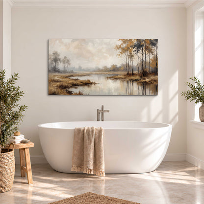 Warm autumn trees beside a quiet reflective river single canvas wall art styled in an interior