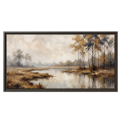 Warm autumn trees beside a quiet reflective river single framed canvas wall art viewed straight on