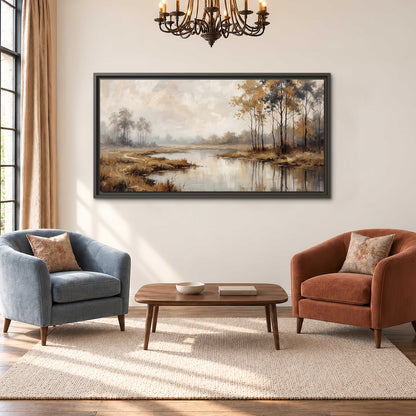 Warm autumn trees beside a quiet reflective river single framed canvas wall art styled in an interior