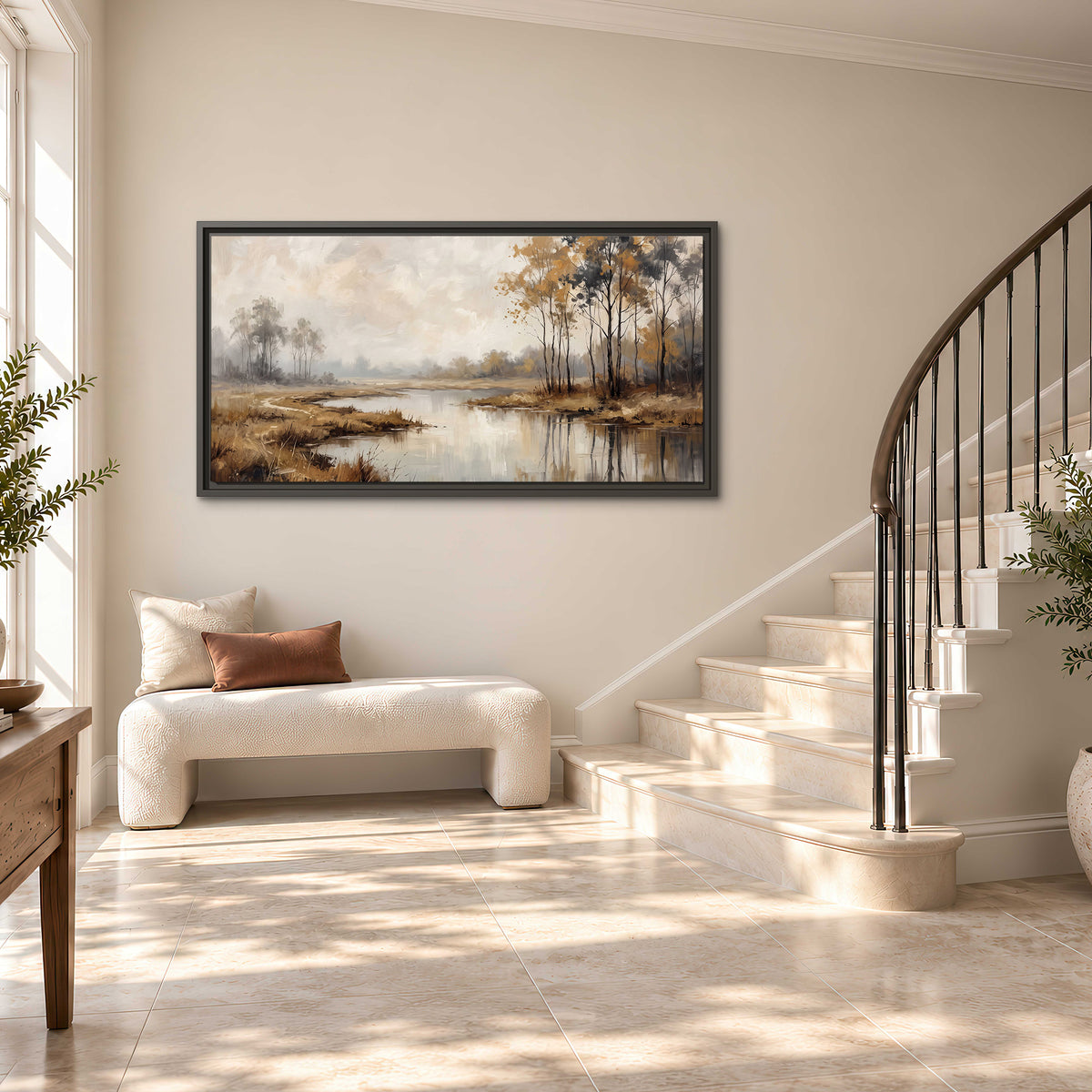 Warm autumn trees beside a quiet reflective river single framed canvas wall art styled in an interior
