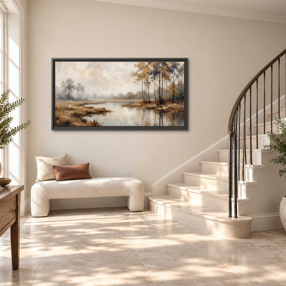 Warm autumn trees beside a quiet reflective river single framed canvas wall art styled in an interior