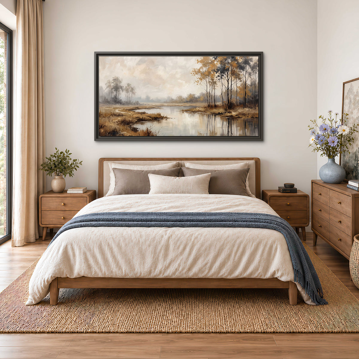 Warm autumn trees beside a quiet reflective river single framed canvas wall art styled in an interior